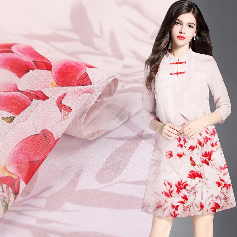 

Red Flower Print Silk Fabric Blend Linen By The 1.18 Meter Width 55 Inch DIY Dress Material Telas Textile