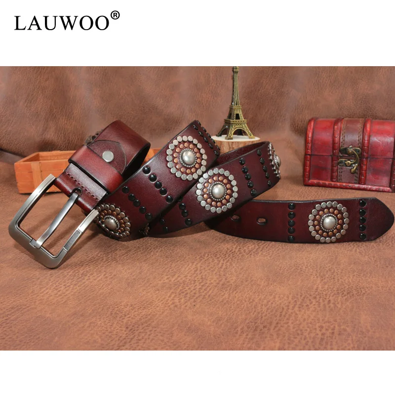 LAUWOO, ремень унисекс в стиле ретро, в горошек, с металлическими заклепками, ремни в стиле панк, ретро, Римский стиль, ремень ручной работы из натуральной кожи Cinto