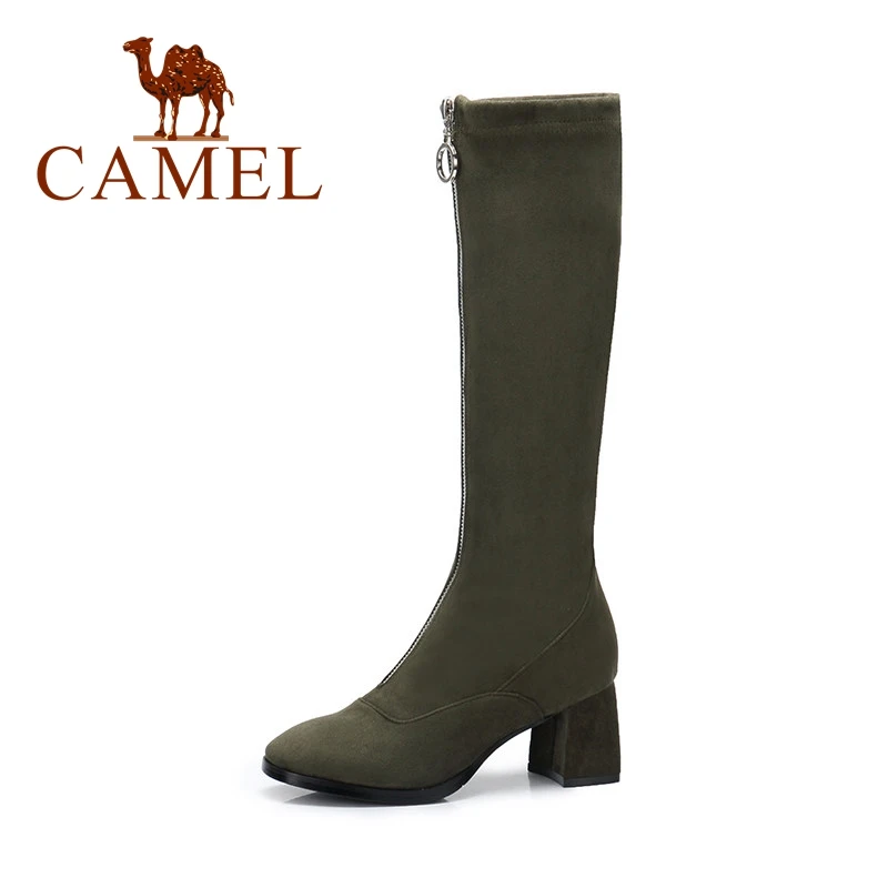 

CAMEL Winter Over The Knee Boots for Women Casual Shoes Ladies High Heel Zip Fabric Thin Leather Long Boots Platform Wild Shoes