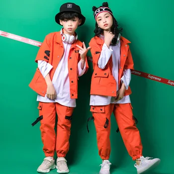 

Three-piece Suit Hip Hop Clothing Kids Orange Coat Long Sleeve T-Shirt Clothes Boys Girls Jazz Street Dance Costumes Clothes