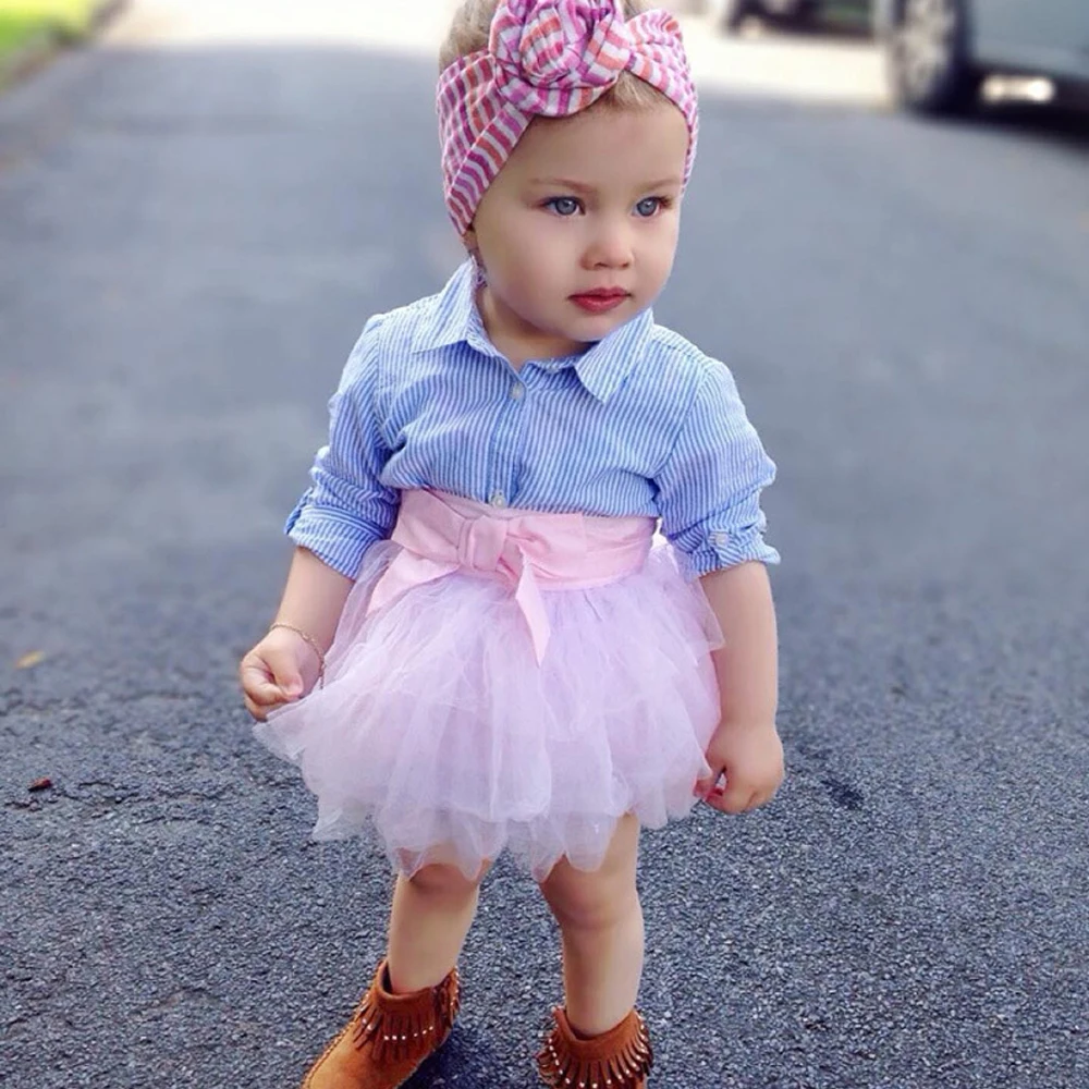 Children Suit Baby Girl Clothes Sets Long Sleeves Striped Shirt+Pink Bow Tutu Skirt 2019 Kids