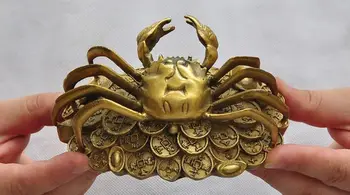 

79SHUNFengshui Brass Copper Handwork carve Yuanbao Money Crab Crabs Statue
