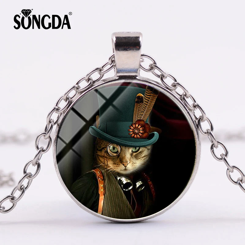 

SONGDA Steampunk Detective Cat Necklace Gentleman Cat With Glasses and Hat Cute Cartoon Photo Glass Cabochon Gem Choker Jewelry