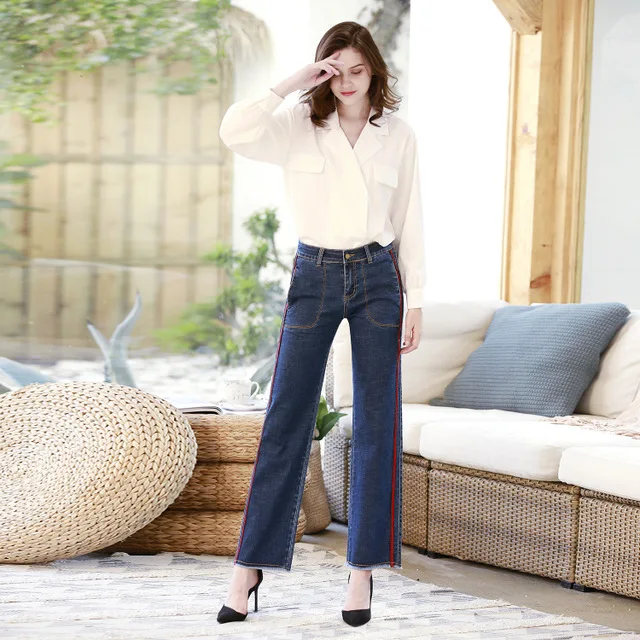 

Women's summer new button, patch straight jeans Street hipsters slim loose stitching wide-leg women's trousers