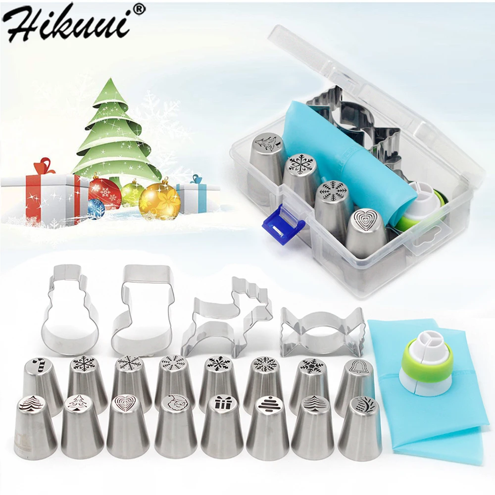 

HIKUUI 20Pcs Set Christmas Pastry Cake Cream Nozzle Cookie Mold Santa Claus Cake Cookie Biscuit Pie DIY Decorating Baking Tools