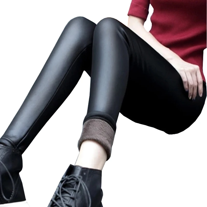 Pants Women Thicken Slim Winter Warm Leather pants Plus size Female Trousers Elastic Bottoms Women Pencil pants & capris ZY4050