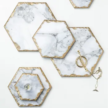 

DUNXDECO Coffee Cup Pad Plate Table Placemat Photoing Ground Mat Modern Marbling Hexagon Golden Border Desk Art Accessories