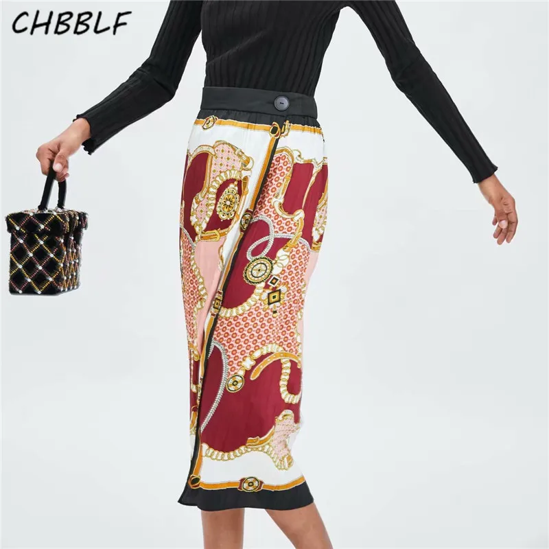 

CHBBLF women chic chains print midi skirt faldas mujer split vintage female casual mid calf skirts POP1689