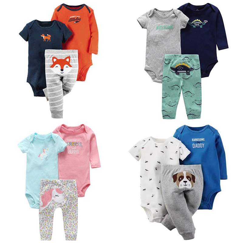 2019 комплект одежды для маленьких мальчиков с вышивкой в виде животных, повседневный комбинезон для новорожденных девочек + штаны, костюм из