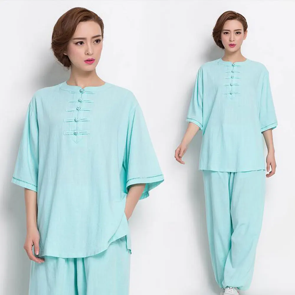 Женский костюм Тай Чи из хлопка и льна на весну лето с коротким рукавом|linen womens