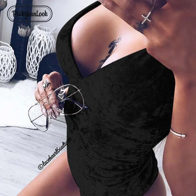 

Sexy Women Skinny Bodysuits Sleeveless Velvet Solid Casual Bodysuits V Neck Summer Party Club Fashion Female Clothes Sexy H30
