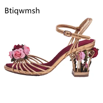 

2019 Gold Leather Gladiator Sandals Woman Open Toe Flower Bird Cage Strange High Heel Shoes Woman Sweet Party Shoes