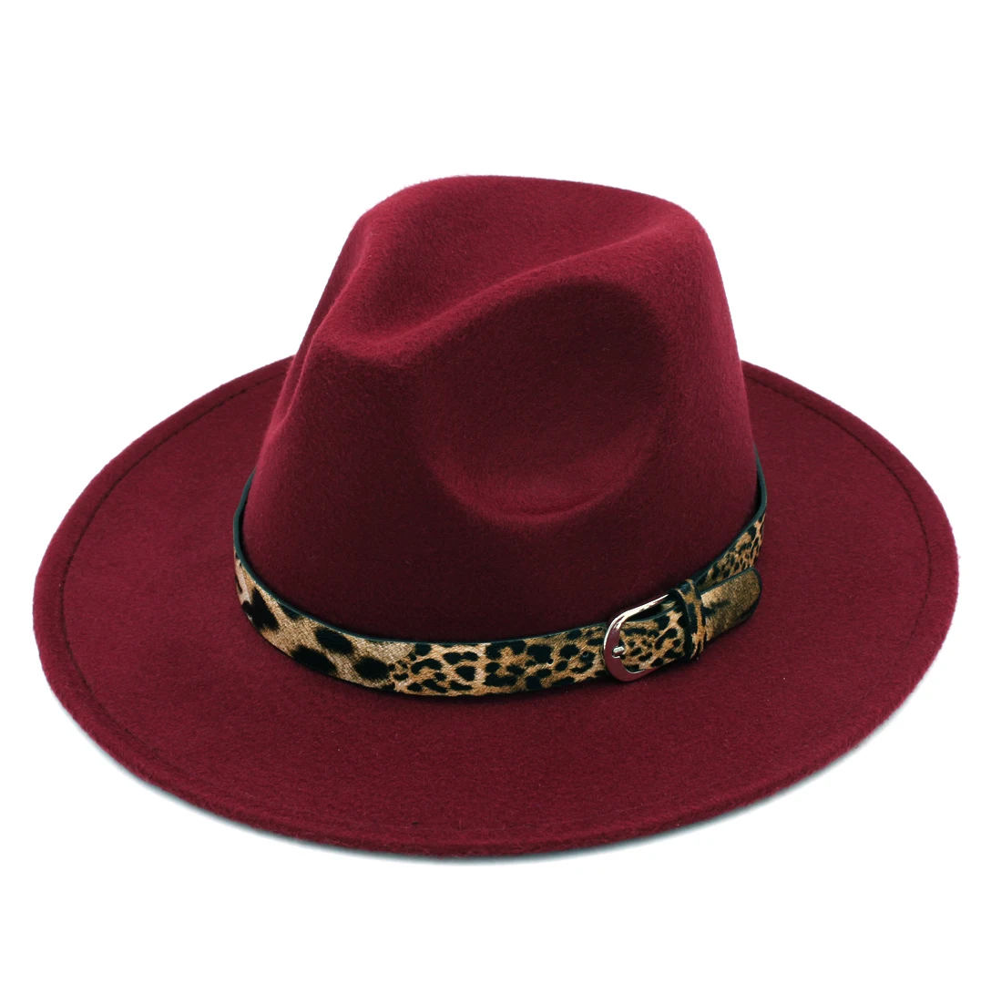 LUCKYLIANJI Leopard Кожаный ремешок сплошной цвет для мужчин женщин шерсть фетр Панама шляпа шляпка с узкими полями(один размер: 57cm-US 7 1/8 - Цвет: Wine