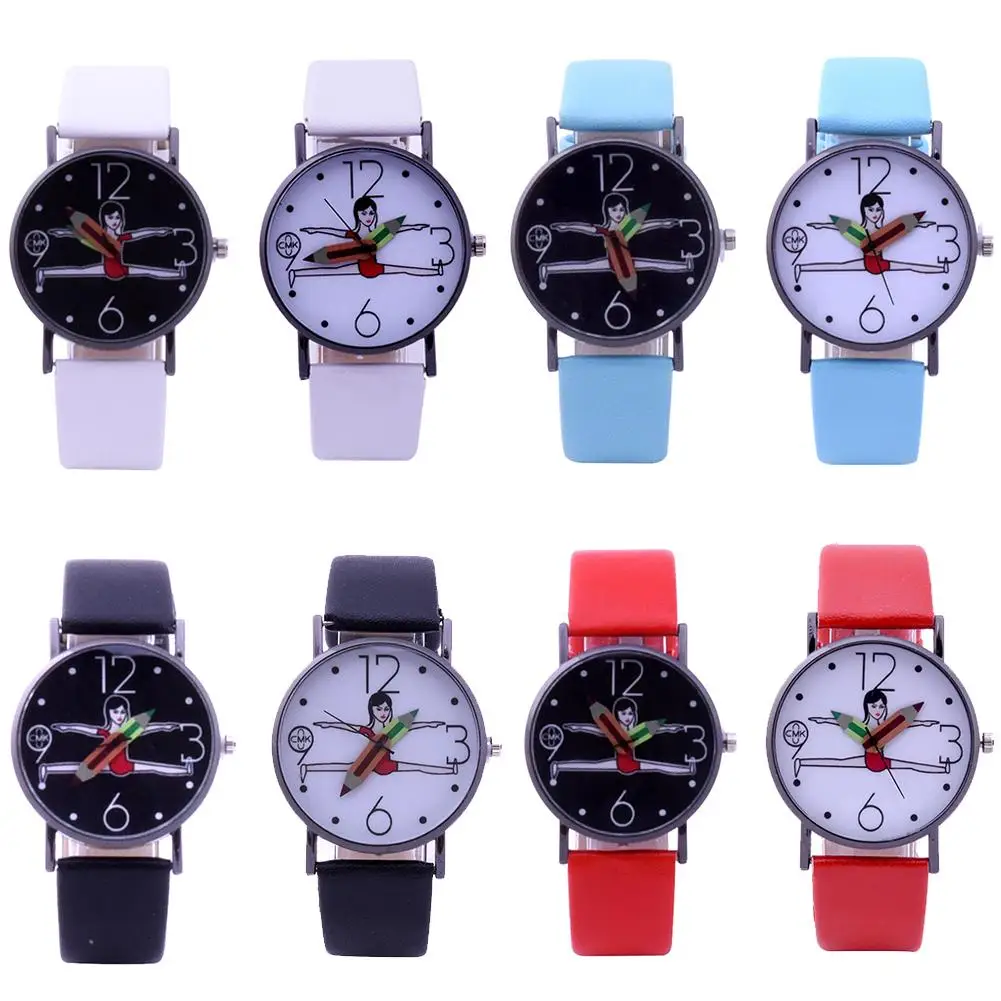 

Girls Cute Gymnastic Dial Pencil Hands Faux Leather Quartz Analog Wrist Watch New