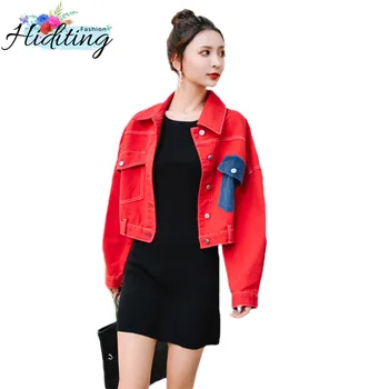

Short Denim Jacket Women 2019 Autumn New Loose Single-Breasted Jacket Spring Ladies Fashion Red Denim Coat Handsome Coats WIN69