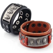 Creative Vintage Wide Cuff Leather Bracelets 3 Skull Bracelets & Bangle for Women Men Jewelry Fashion Punk Accessory Gifts FS056