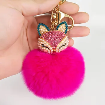 

Cute Fox Pokemon Key Chain Handmade Rabbit Fur Pompom Ball Inlaid Rhinestone Bag Pendants Decoration Jewelry Charms Keychains