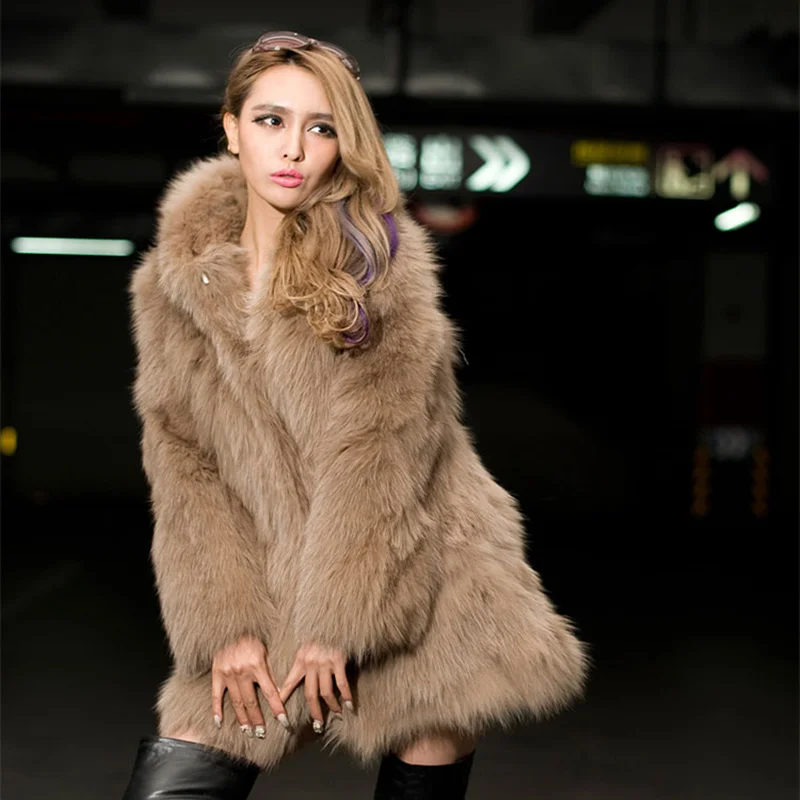 2018 Autumn Winter Fake Fox Fur Coat Women Hooded Imitation Fox Fur