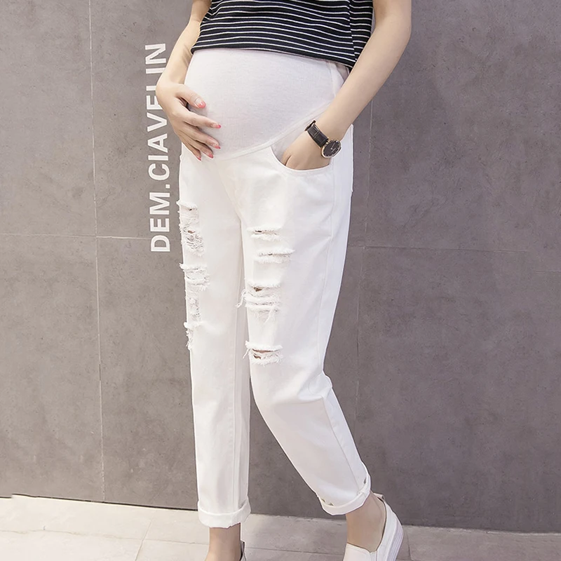 

Maternity Clothes Pregnancy Jeans Adjustable High Waist Denim Pants Pockets Spring Casual Ripped Hole Jeans for Pregnant Women
