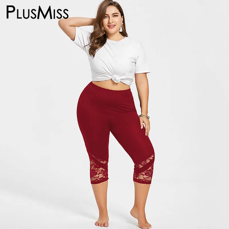 PlusMiss размера плюс 5XL 4XL Высокая талия сексуальные кружевные Капри Леггинсы