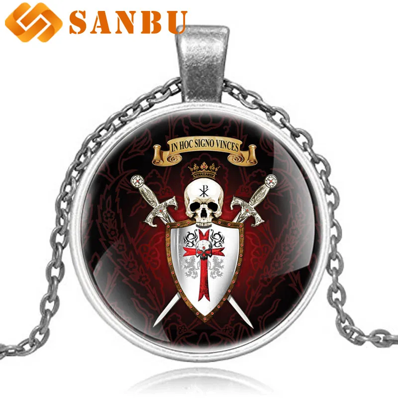 

Vintage Punk Knight Templar Cross Silver Skeleton Skull Pendant Necklace Men Women Jewelry Gift