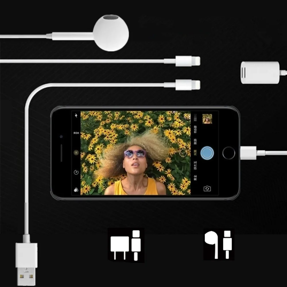 Dual Lightning Aux Adapter Splitter for iPhone X 8 8 Plus 7 7 Plus 6 Headphone Audio Sync Data Charging Adapter for Apple Phone