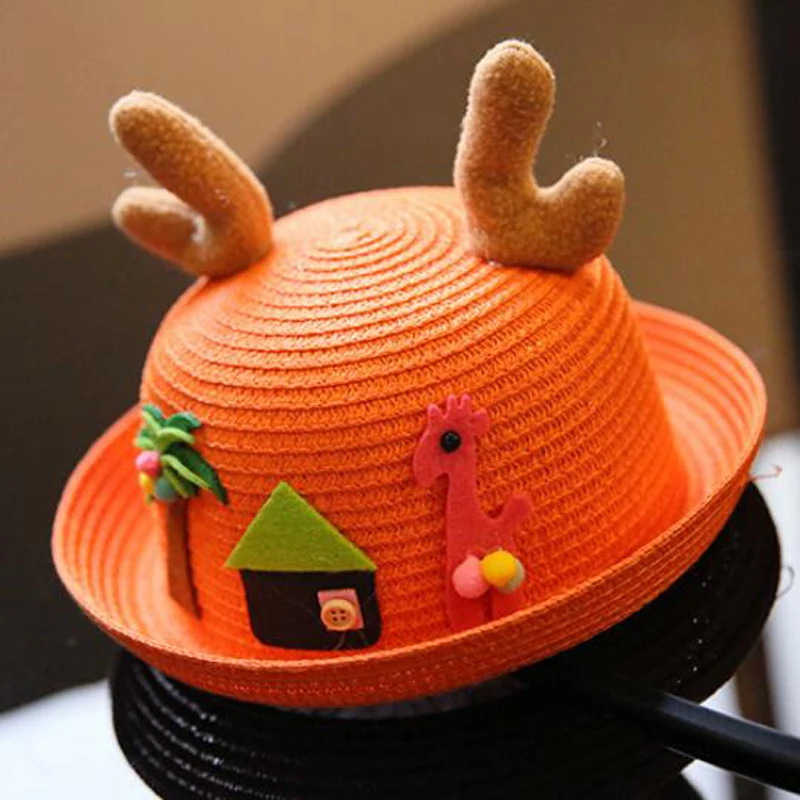 Kids Summer Straw Hat Cute Cartoon Pattern Antler Sunshade Solid Color Beach Hats Sun Protection Short Brim Children Travel Cap4