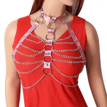 Розовый лазерный жгут бюстгальтер для женщин без бретелек бюстгальтер с металлической цепочкой открытые кожаные топы панк готический нагрудный ремень с кисточками сексуальное женское белье