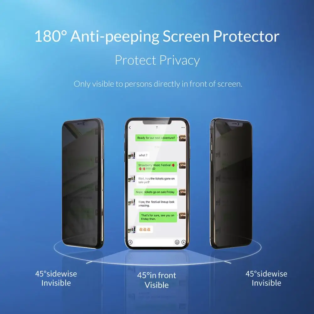 Защитное стекло ORICO черное антишпионское для iphone X XS XR 6S 7 8|Защитные стёкла и