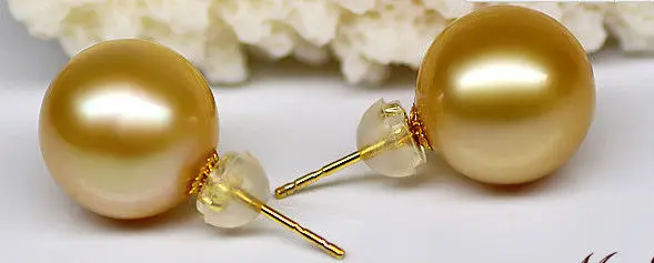

Beautiful a pair 10-11mm AAA south sea round gold pearl stud earrings14KGP yellow