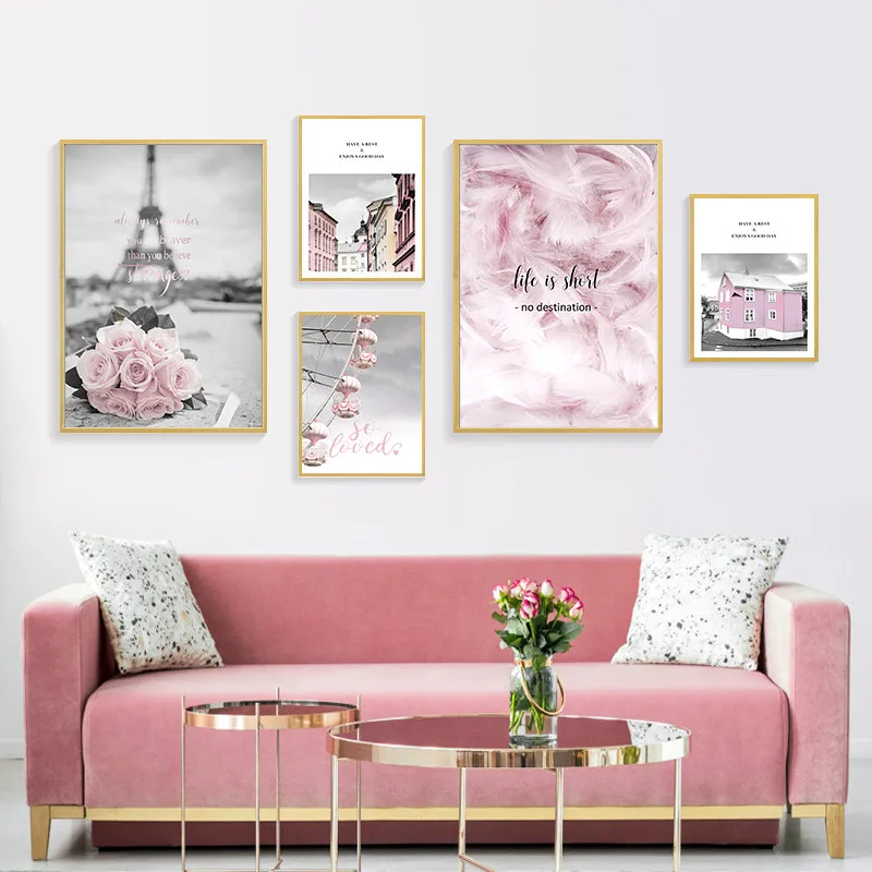

Nordic Minimalist Landscape Art Canvas Painting Posters And Prints Pink Feather Wall Picture for Living Room Home Decor KL067