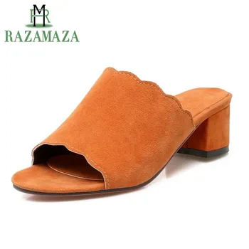 

ZALAVOR Drop Shipping Women's Slippers Thick Med Heels Peep Toe Summer Slipper Shoes Woman Ruffle Outdoor Party Shoe Size 34-43
