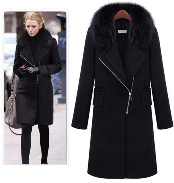 2017 Autumn winter women black wool coat fur collar