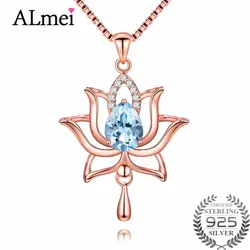 Almei 1.2ct розовое золото Цвет светильник в форме цветка лотоса небесно-кулон с голубым топазом Цепочки и ожерелья 925 пробы Серебряные