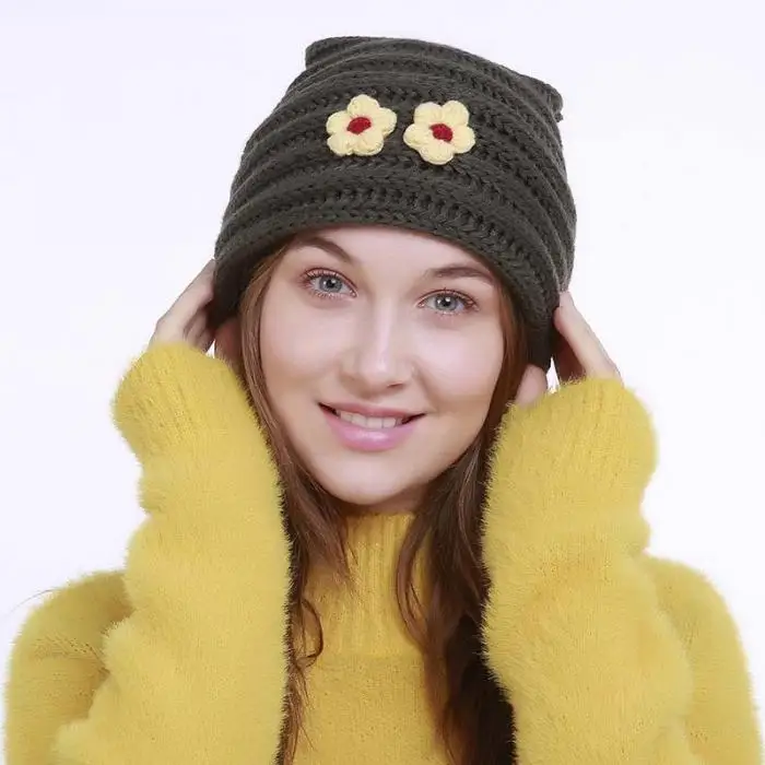 Для женщин зима теплая вязаная шапка Кепки милый цветок декор Вязание полоски шапочка новая мода зимние Шапки для Для женщин ОММ