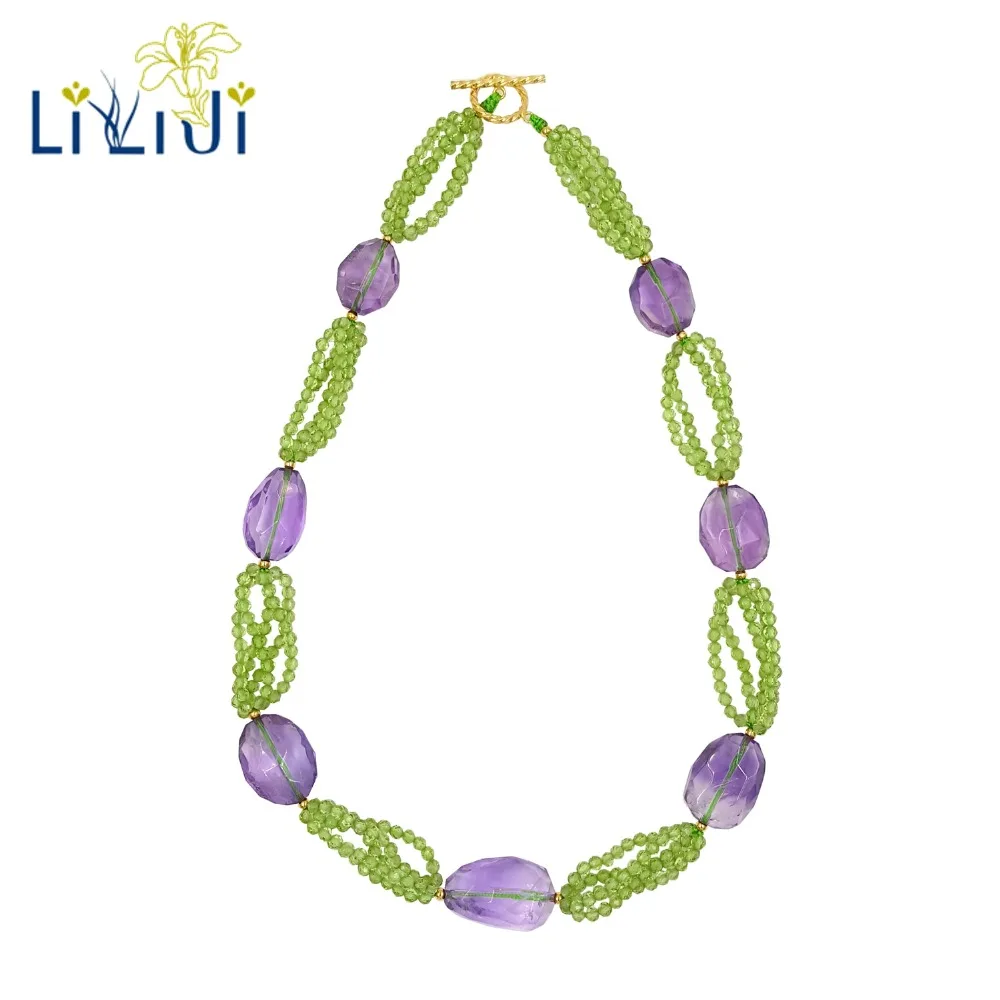 

LiiJi Unique Natural Real Tiny Peridots Amethysts Beads 925 Sterling Silver Gold Color Shining Necklace for Women Jewelry