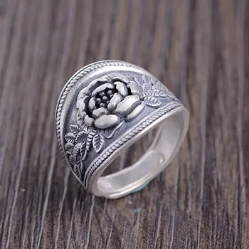 

S999 fine silver antique craft female fashion wholesale blooming flowers Thai silver ring