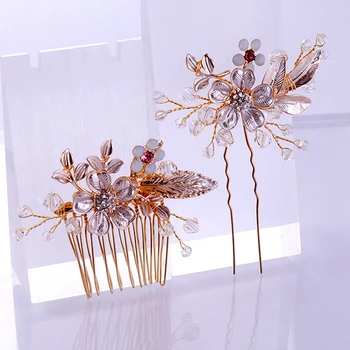 

Luxury Pink Crystal Gold Leaf Wedding Hair Comb Hairpins Beads Bride Hair Vine Rhinestone Women Headpiece For Party Pageant