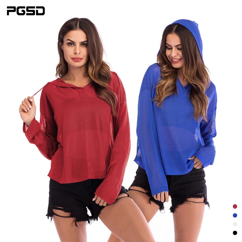 

PGSD Autumn Simple fashion Women Clothes Thin knitted sweater loose slim pullover Long Sleeve Pure color Hooded T-shirt female