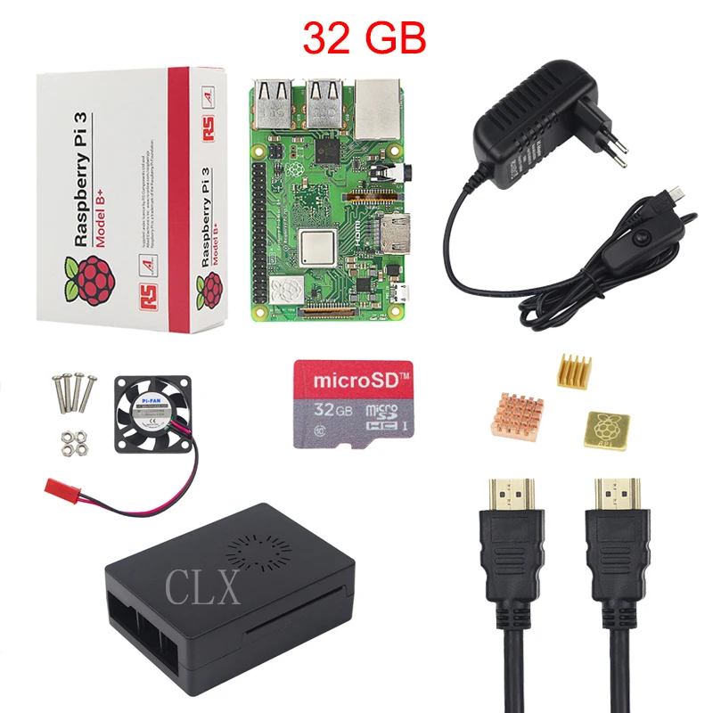 

Raspberry Pi 3 Model B+ Starter Kit + Case + 32GB Card + 5V 3A Power Adapter + HDMI Cable + Heat Sink+fan for RaspberryPi 3B+