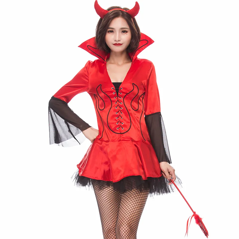 Halloween Red Black Devil Costume Sexy Cute Girl Evil Witch Devil