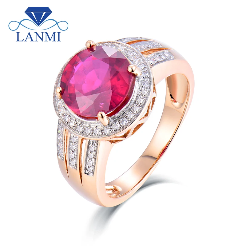 LANMI Vintage Round Solid 14kt Rose Gold Natural Red Ruby Engagement