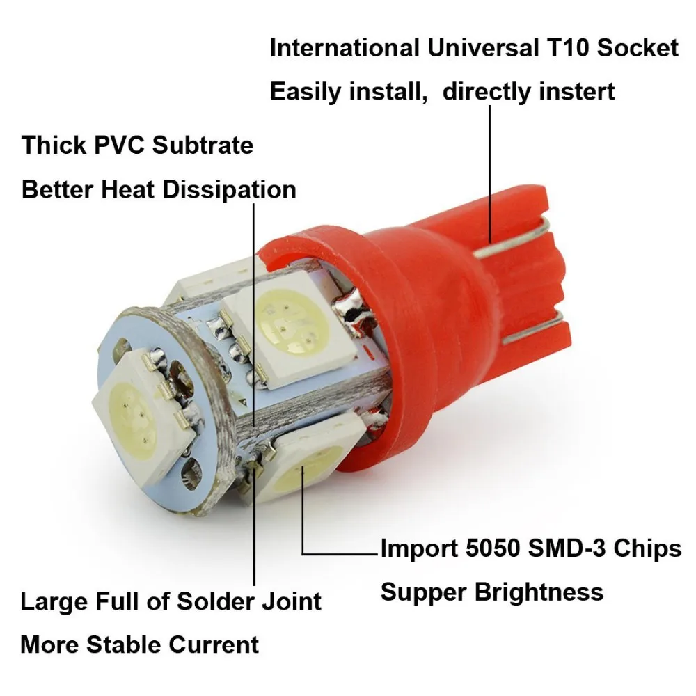 Высокое качество 100x W5W 194 168 T10 5050 5 smd белый автомобильный горизонтальный Клин задний фонарь лампа для автомобиля, функцией автопарковки, светодиодной подсветкой, Подсветка регистрационного номера