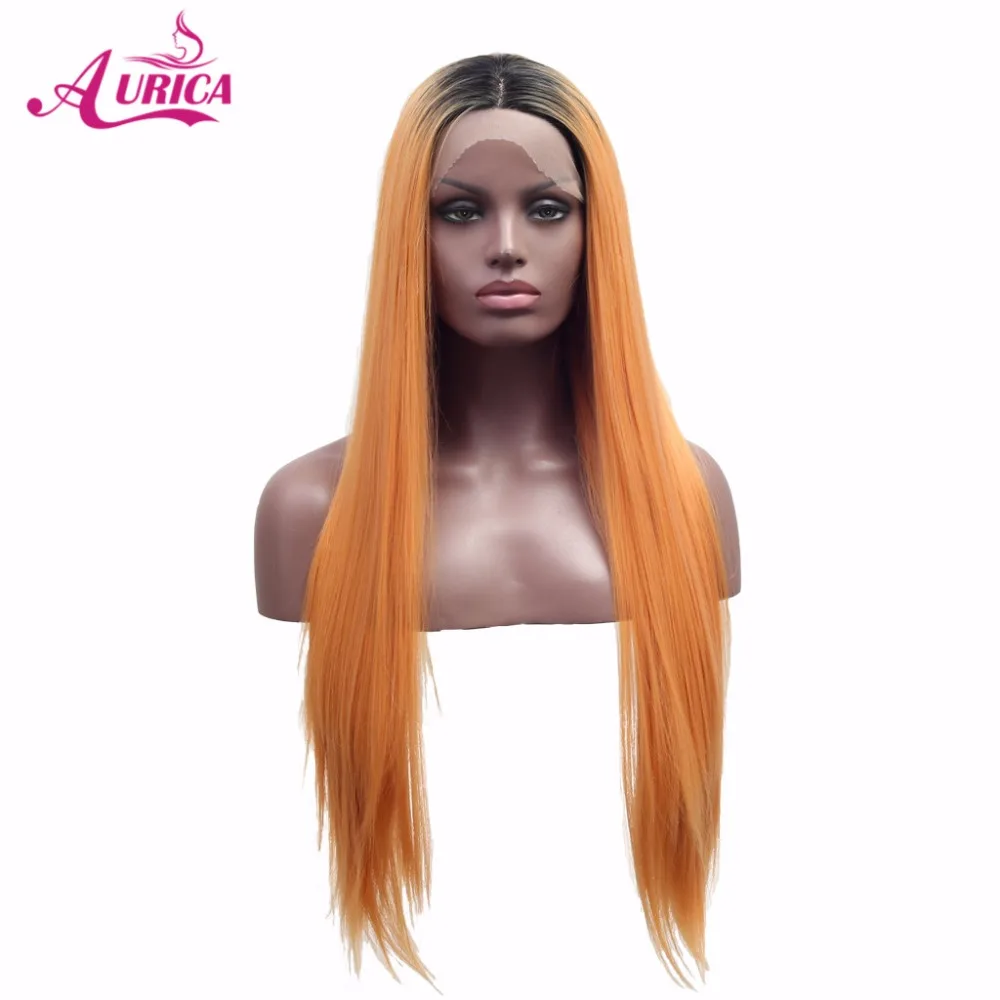 Image Aurica Silky Straight Ombre Orange Heat Safe Synthetic Hair Lace Front Wig With Black Roots For Women