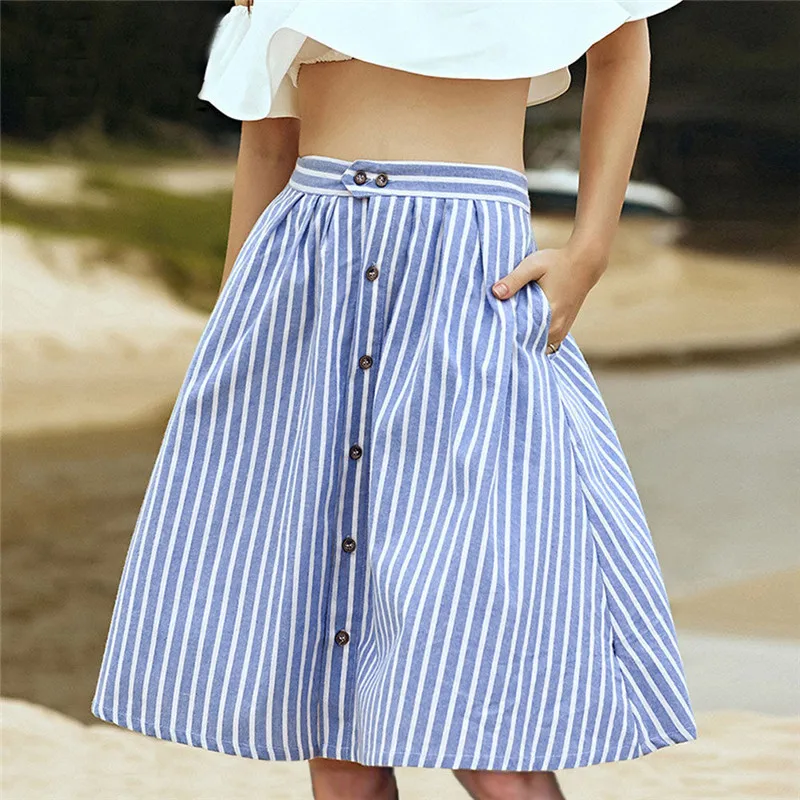 Stylish Striped A Line Blue Striped Skirts Fashion Single Breasted ...