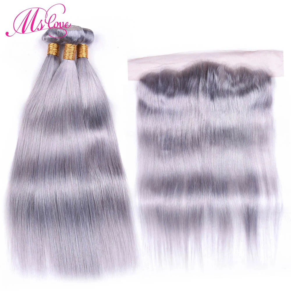 

Ms Love Grey Bundles With Frontal Closure 13*4 Ear To Ear Lace Frontal Peruvian Straight Human Hair Bundles With Closure Remy