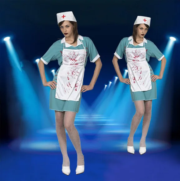 Scary doctor nurse costume with false blood for halloween adult party