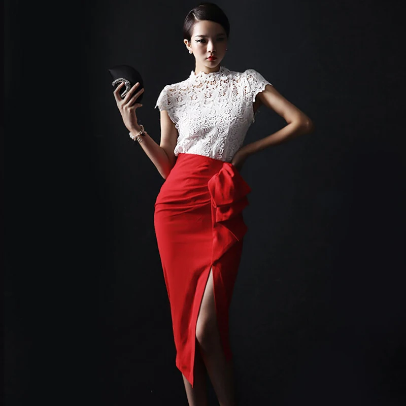 Long khaki 2025 skirts red
