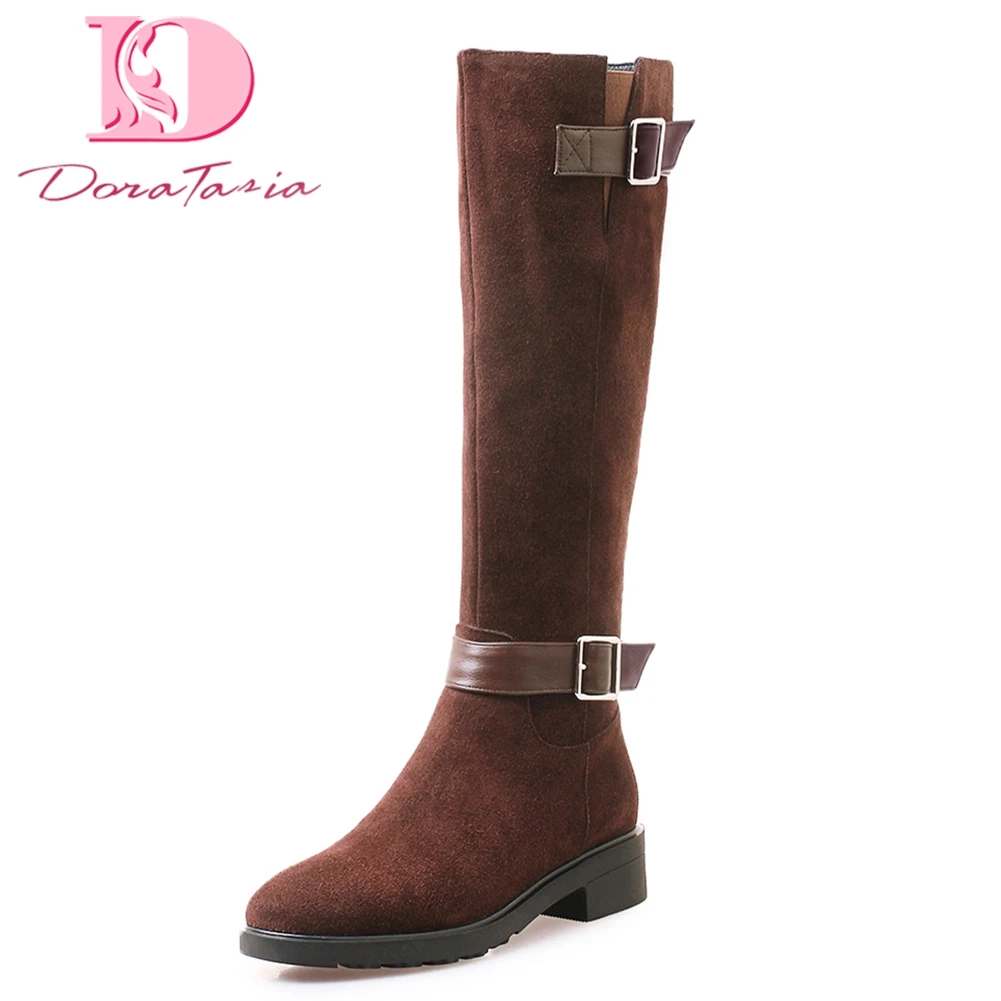 

DoraTasia 2018 Cow Suede leather riding boots Hot Sale Women Knee High Boots Zip Up Chunky Heels Women Shoes Woman Boots