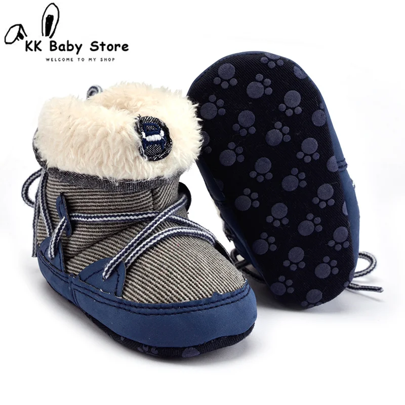 

0-18M Winter Warm Baby Boys Snow Boots Lace Up Strip Soft Sole Kids Cotton Adorable Infant Toddler Shoes